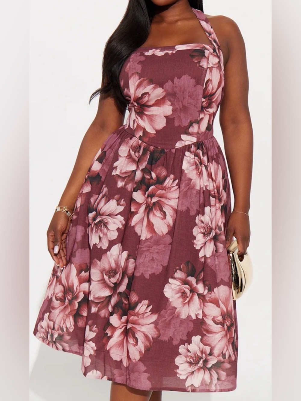 Plus Floral Halter Midi Dress in Dusty Rose